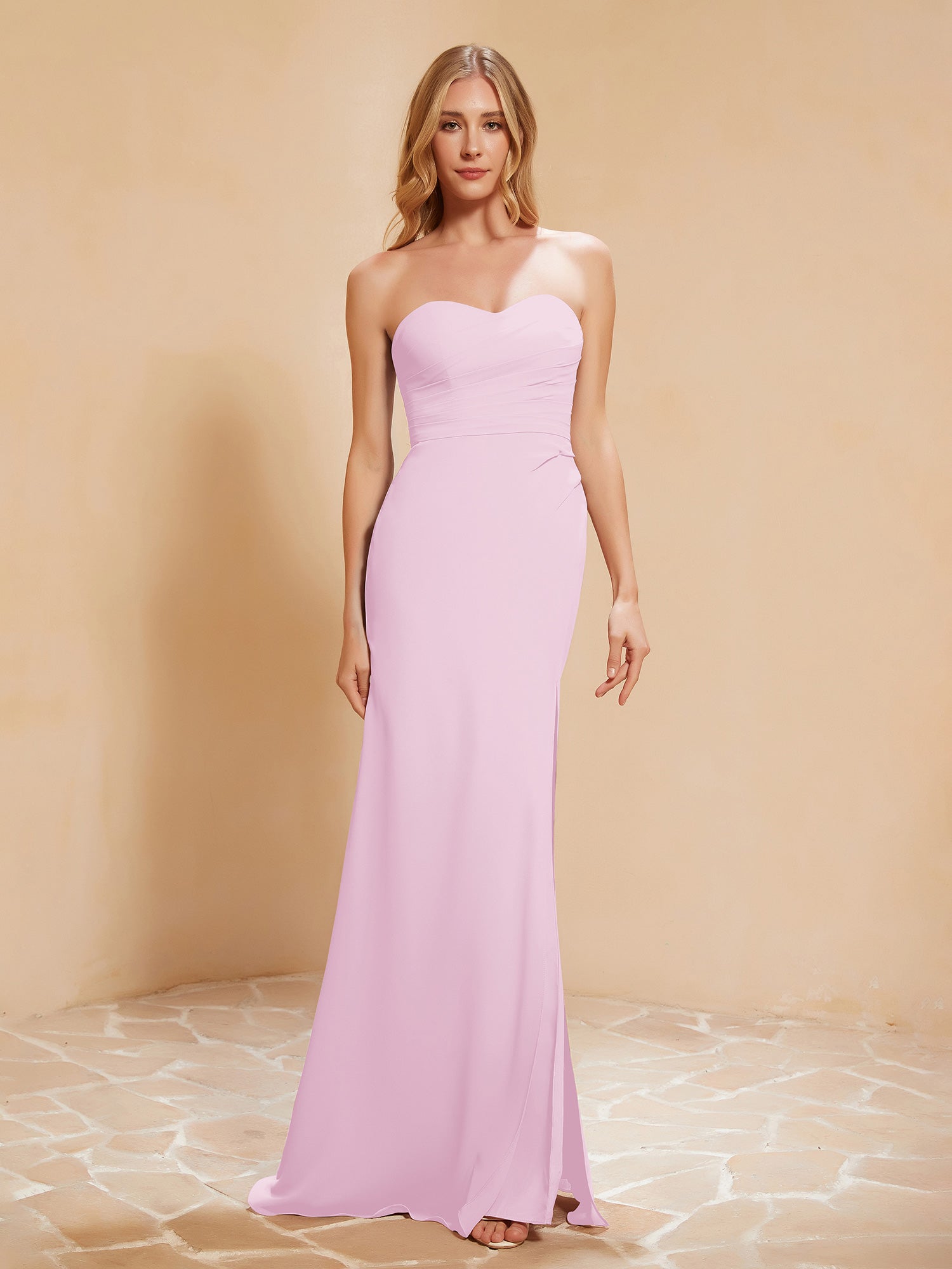 Strapless Long Sheath Chiffon Gown with Slit Blushing Pink